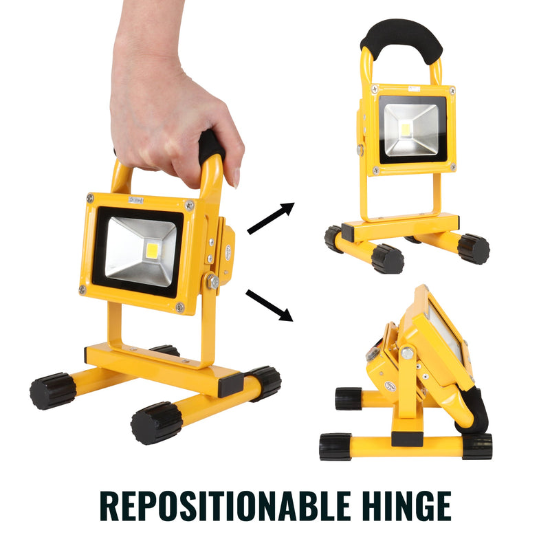 Product shot of a person's hand holding the 12V rechargeable work light handle and two arrows pointing towards product shots of the light fully expanded with the light aimed forwards and folded down with the light angled upwards. Text below reads, "Positionable hinge"