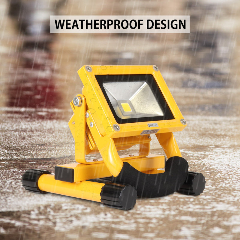 Lifestyle image of 12V cordless portable lantern on a wet concrete surface in the rain. Text above reads, "Weatherproof design"