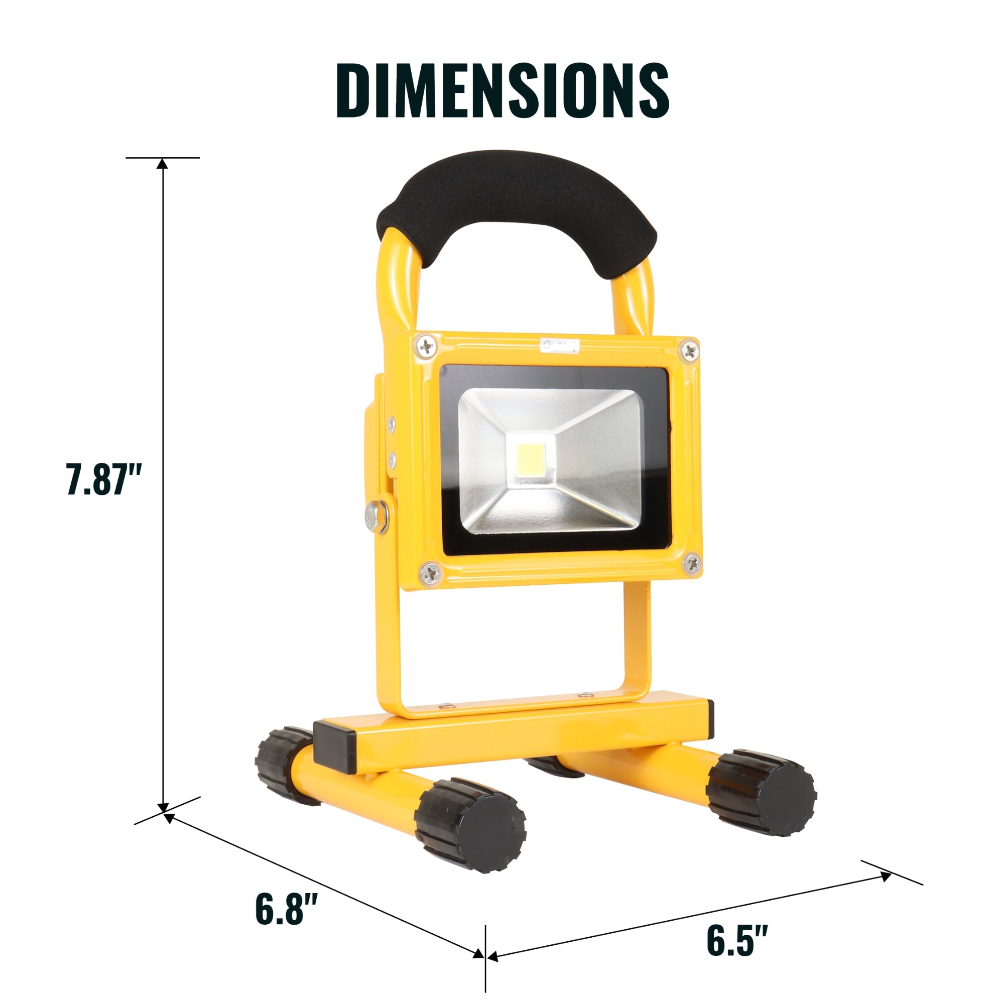 Product shot of 12V rechargeable work light, fully expanded, on a white background with dimensions labeled