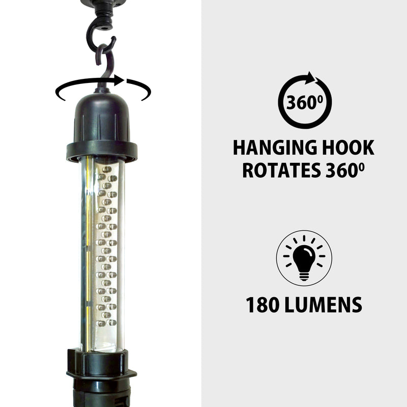 Product shot of 12V hanging work light on a white background with text and icons to the right describing: Hanging hook rotates 360 degrees; 180 lumens