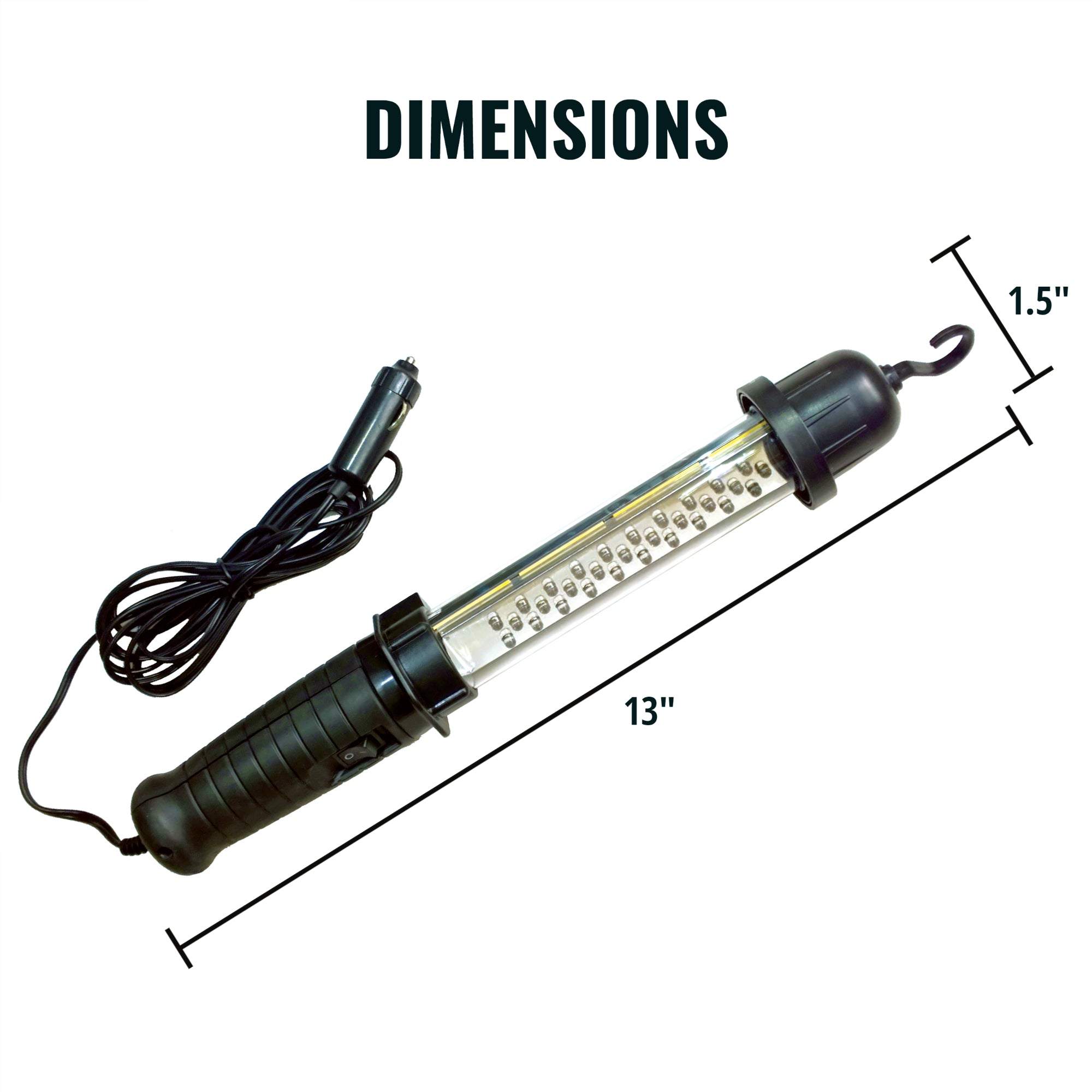 Product shot of 12V hanging work light on a white background with dimensions labeled