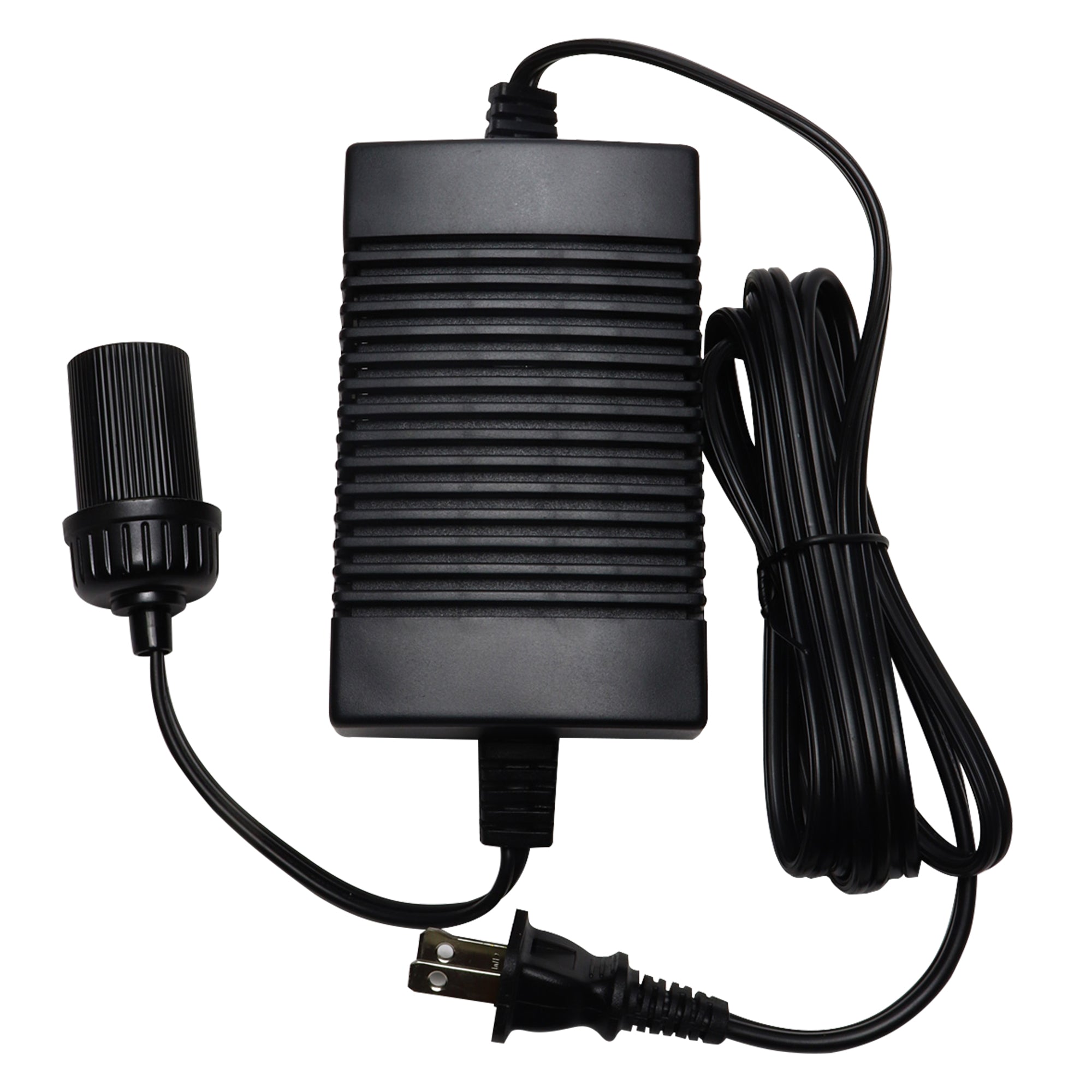 Product shot of AC to DC power adapter viewed from above on a white background