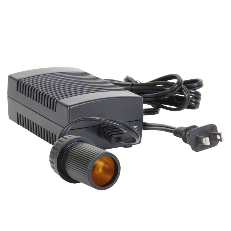Product shot of AC to DC power adapter viewed from the front on a white background