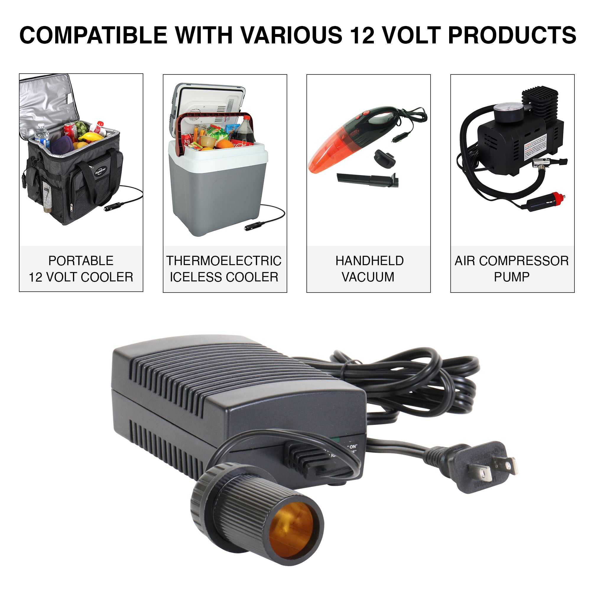 Product shot of AC to DC power adapter on a white background with a row of 4 inset images above showing a black and gray soft-sided 12V cooler; a gray and white thermoelectric iceless cooler; a handheld red and black vacuum; and an air compressor pump. Text above reads, “Compatible with various 12 Volt products”