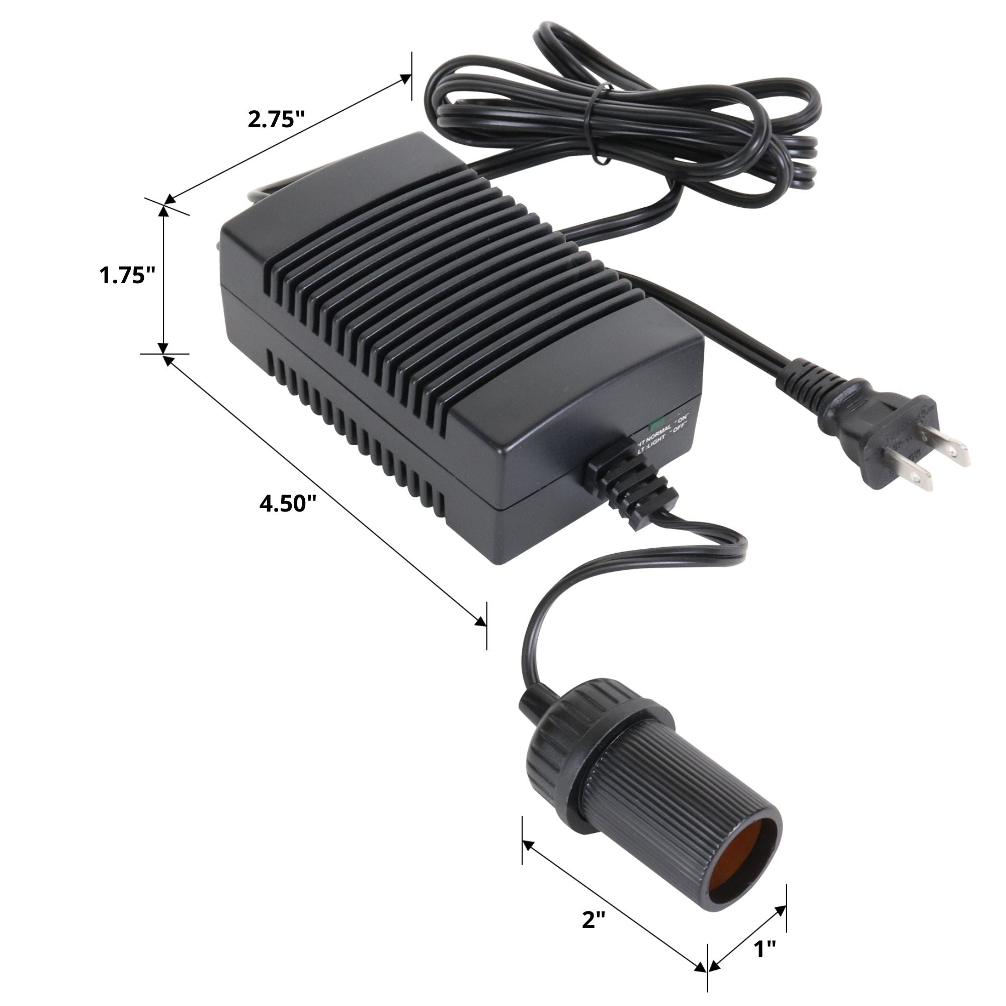 Product shot of AC to DC power adapter on a white background with dimensions labeled