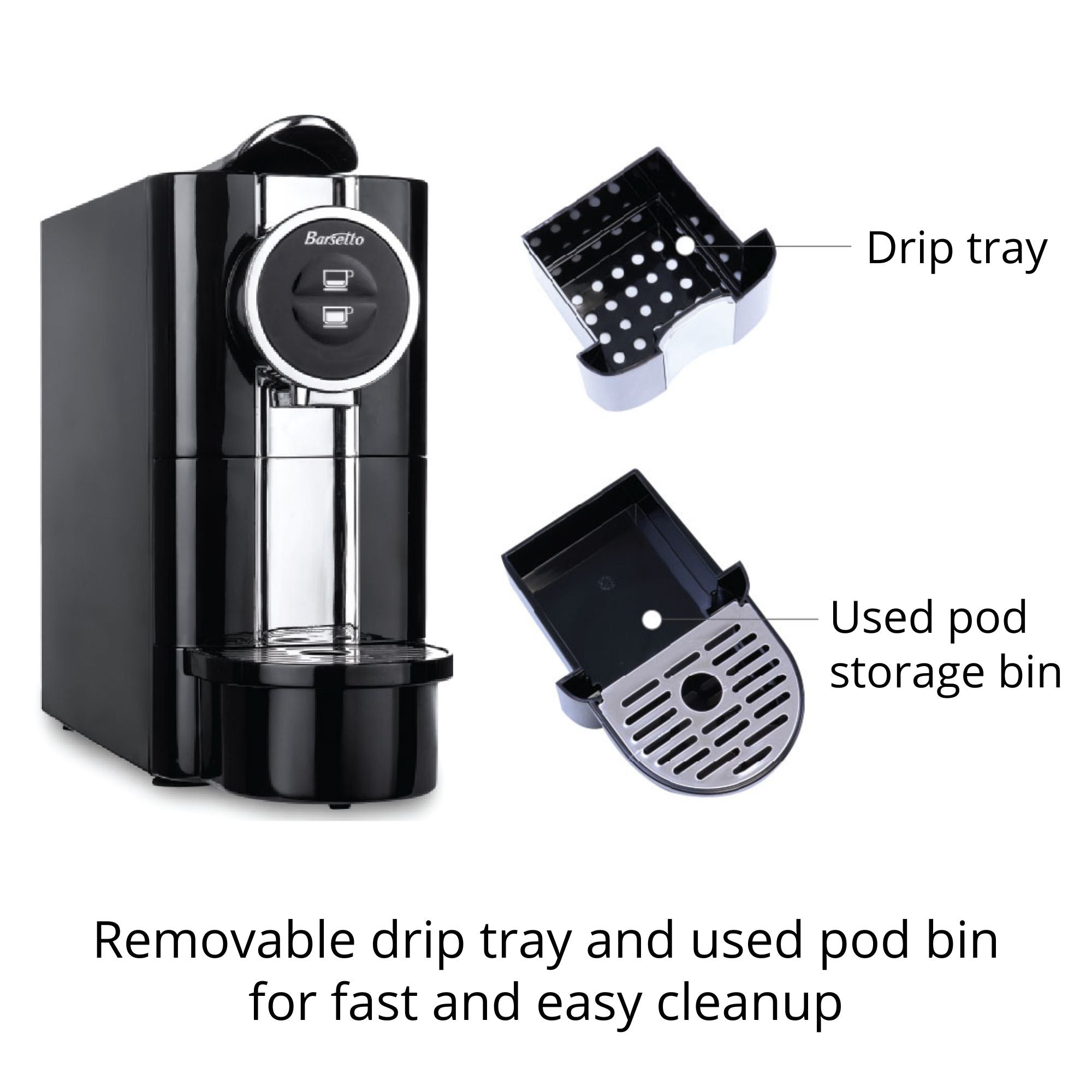 Product shot of Barsetto automatic espresso maker on a white background with images of the removable drip tray and used pod storage bin, labeled, to the right. Text below reads, "Removable drip tray and used pod bin for fast and easy cleanup"