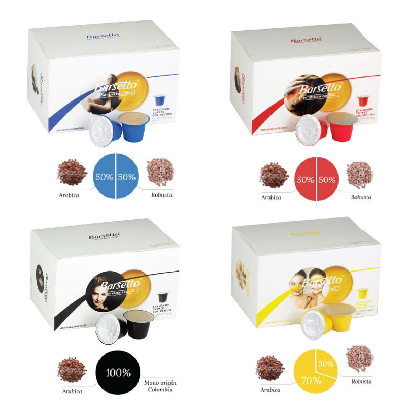 Product shots of four boxes of different flavors of Barsetto espresso on a white background