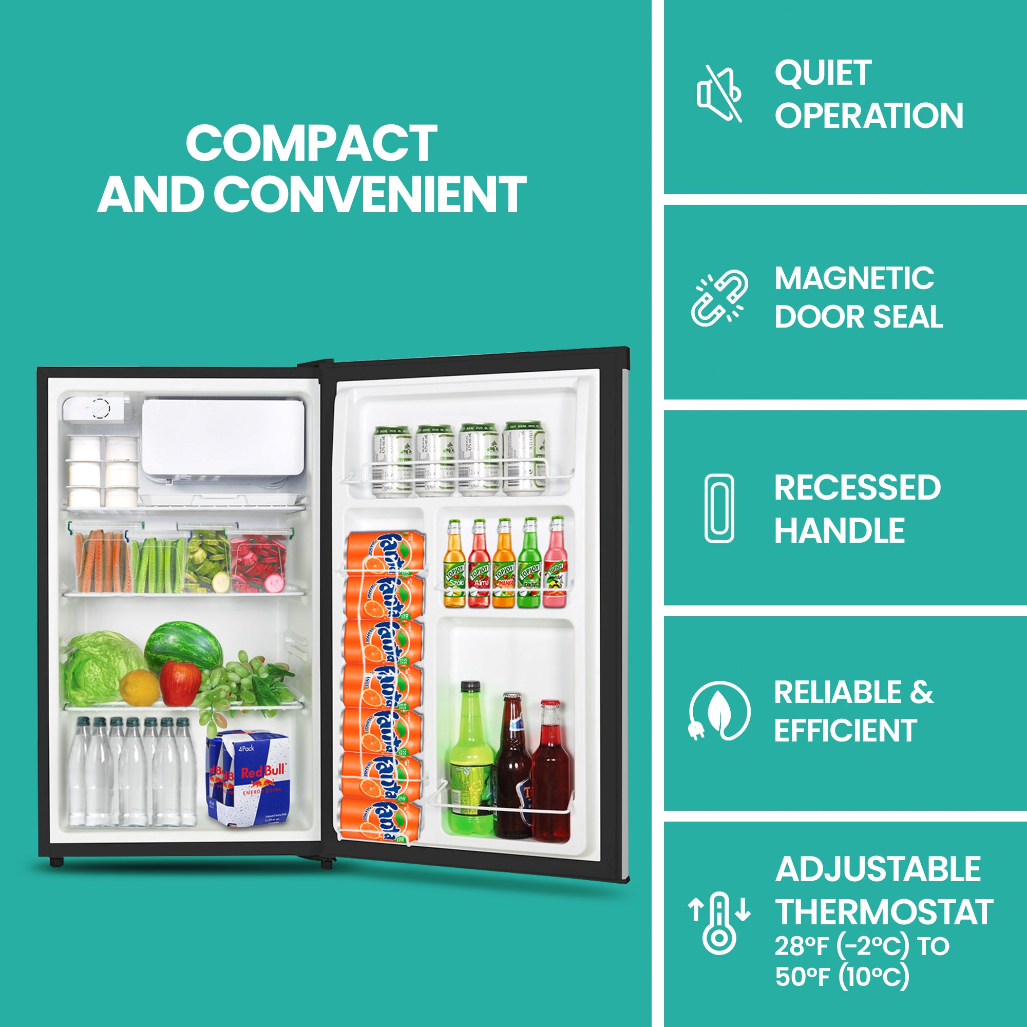 Product shot of compact fridge with freezer open and filled with food items. Text above reads, "Compact and convenient," followed by a list of bullet points: Quiet operation; magnetic seal door; recessed handle; 3 high-quality coated wire shelves; reliable and energy efficient; reversible door; Temperature control 28F (-2C) to 50F (10C) 