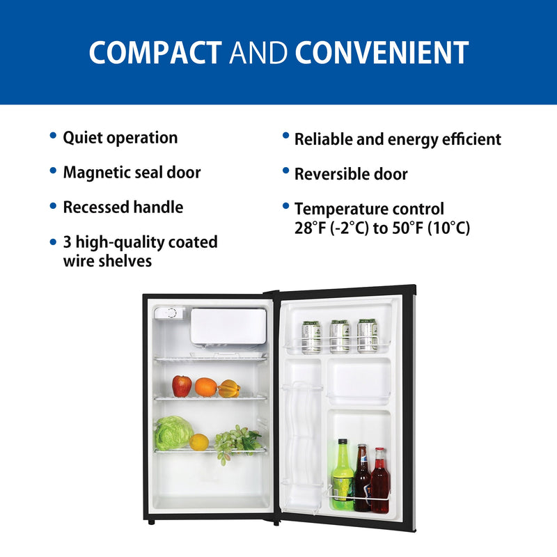 Product shot of compact fridge with freezer open and filled with food items. Text above reads, "Compact and convenient," followed by a list of bullet points: Quiet operation; magnetic seal door; recessed handle; 3 high-quality coated wire shelves; reliable and energy efficient; reversible door; Temperature control 28F (-2C) to 50F (10C) 