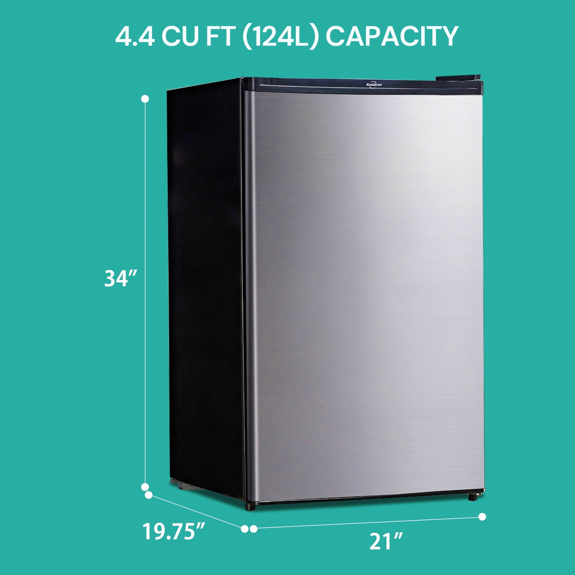 Product shot of black and stainless steel compact fridge with freezer on a white background with dimensions labeled. Text to the right reads, "Wattage 85 Watts; Power 110V; Capacity 124L 4.4 cu ft; Compressor cooling technology"