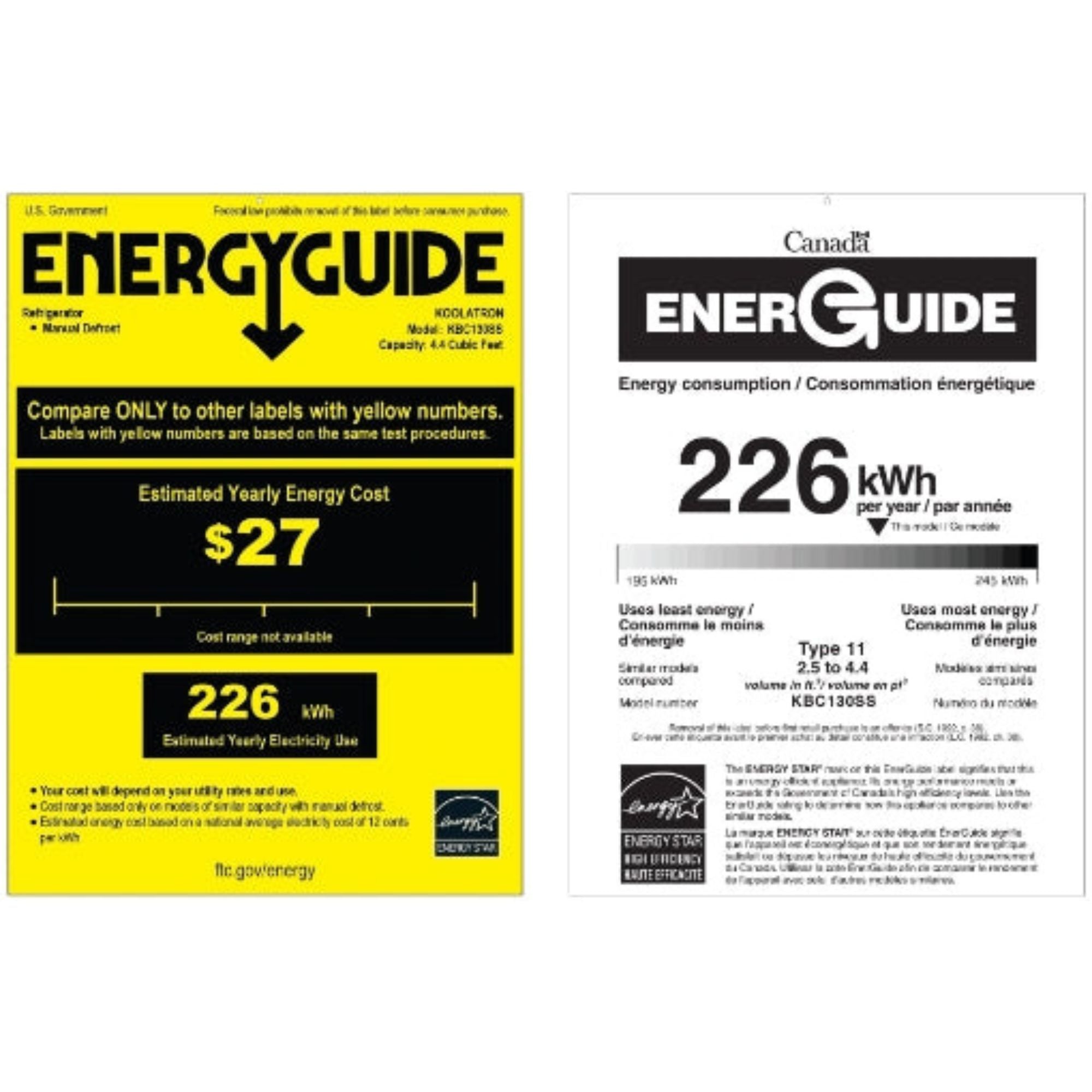 US and Canada Energy Guide certificates for BC130SS 4.4 cu ft compact fridge with freezer showing estimated yearly energy cost of $27 and estimated yearly energy consumption of 226 kWh