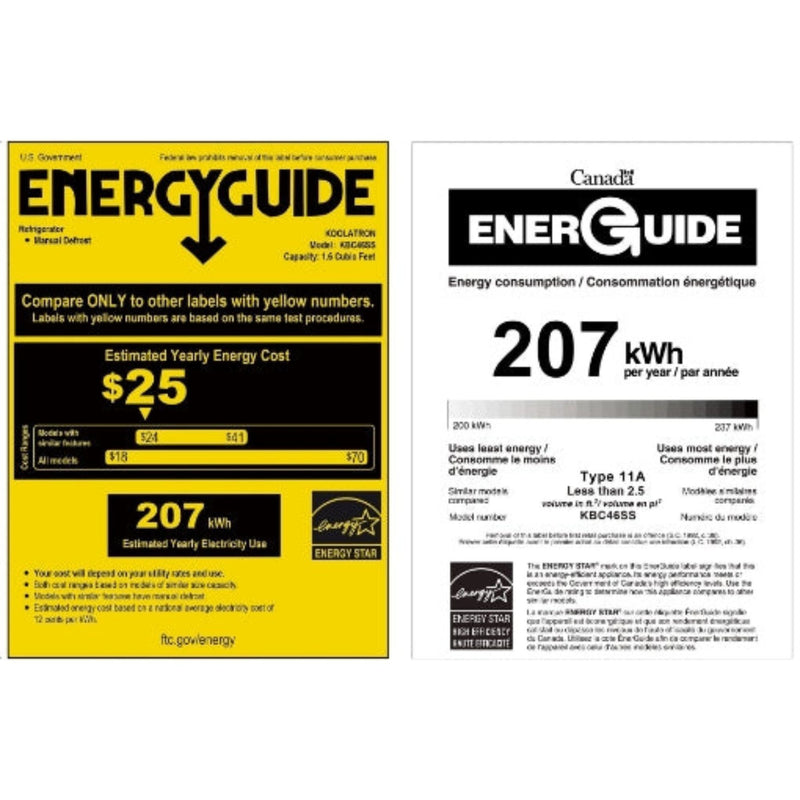 US and Canada Energy Guide certificates for BC46SS 1.6 cu ft compact fridge with freezer showing estimated yearly energy cost of $25 and estimated yearly energy consumption of 207 kWh