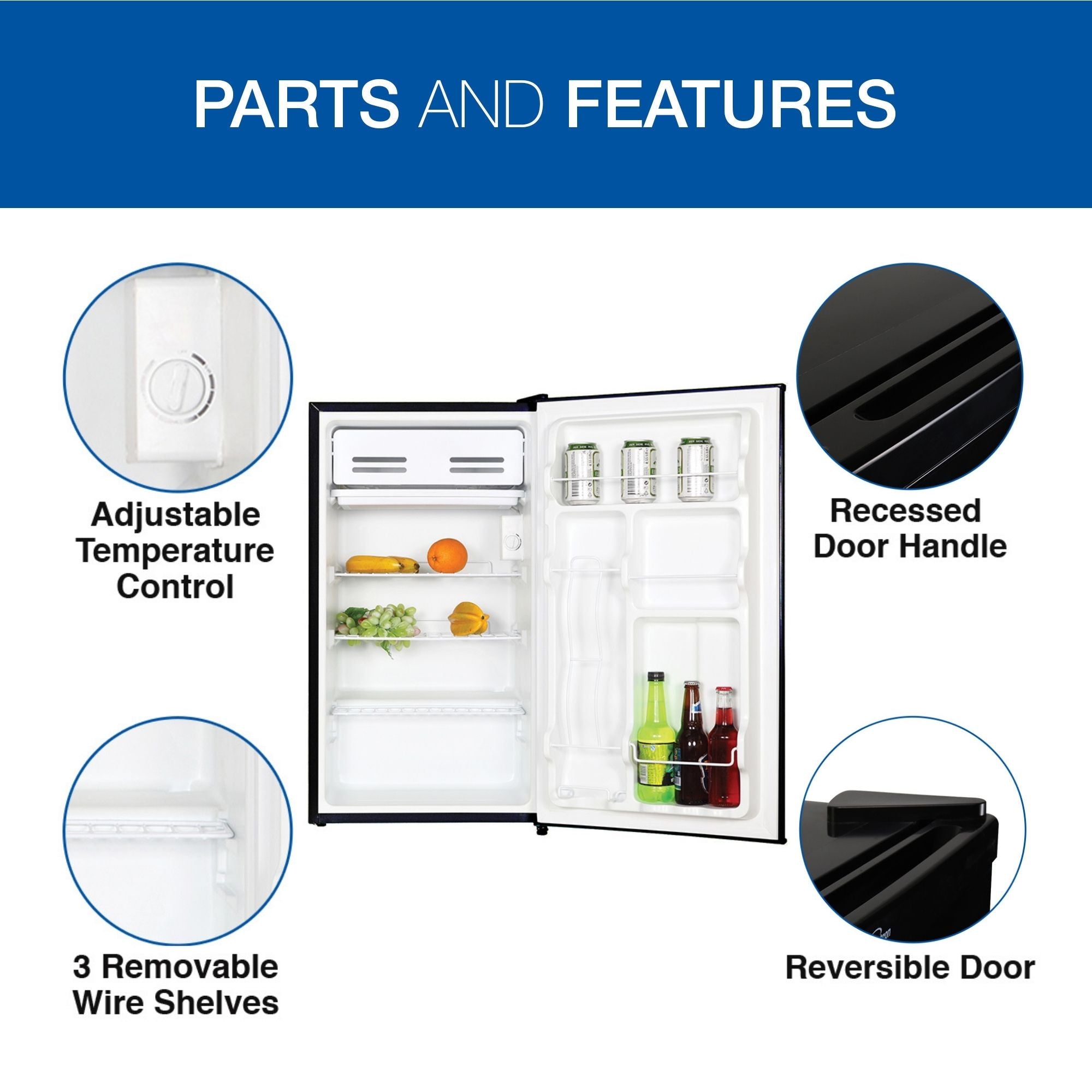 Product shot of open compact fridge surrounded by inset closeup images of parts, labeled: Adjustable temperature control; recessed door handle; reversible door; 3 removable wire shelves. Text above reads, "Parts and features"