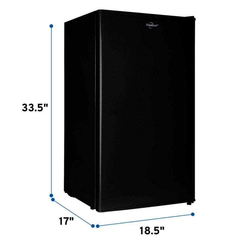 Product shot of black compact fridge with freezer on a white background with dimensions labeled