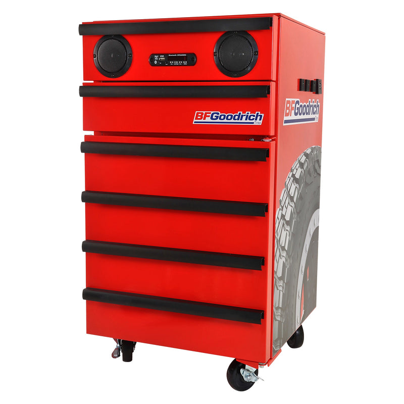 Product shot of BFGoodrich toolchest fridge with wireless speakers on a white background