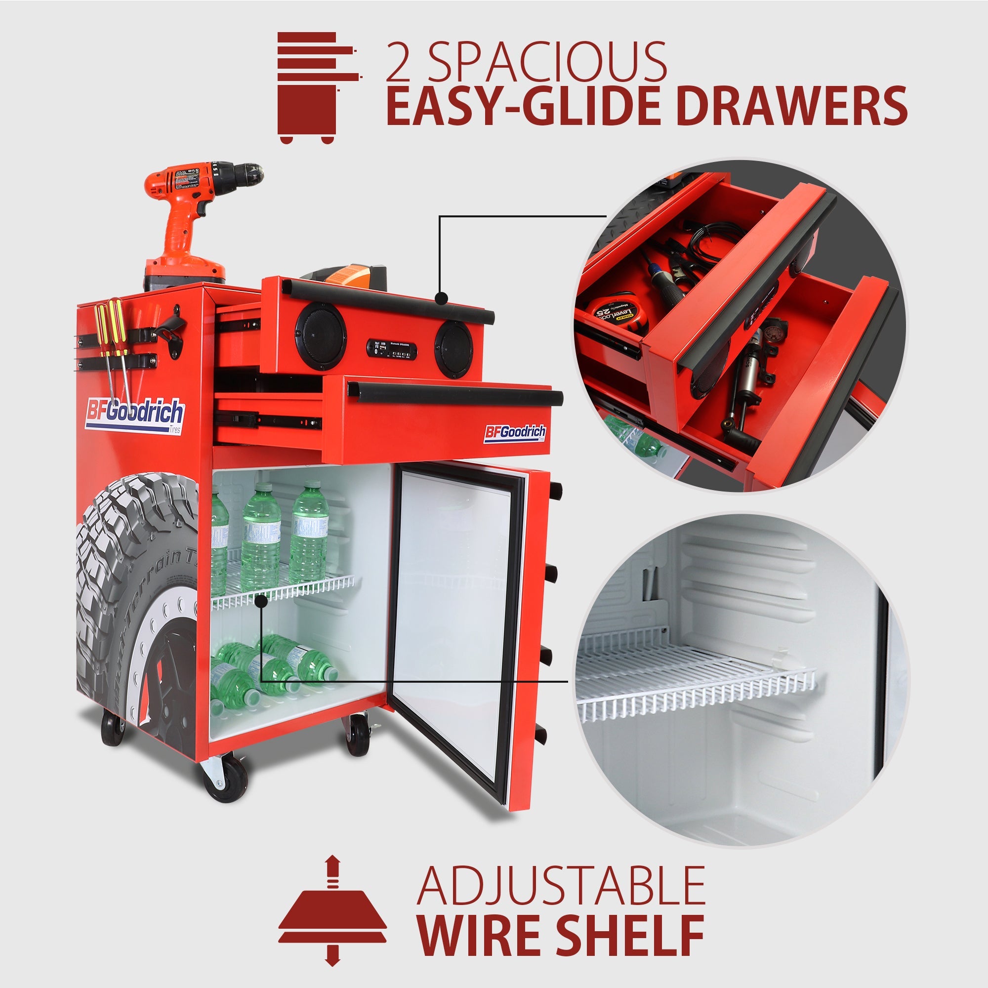 BFGoodrich tool chest fridge with wireless speakers with fridge open and filled with bottles of water, tool drawers open and filled with tools, and power tools on top. Two inset close-ups, labeled, show the 2 spacious easy-glide drawers and adjustable wire shelf