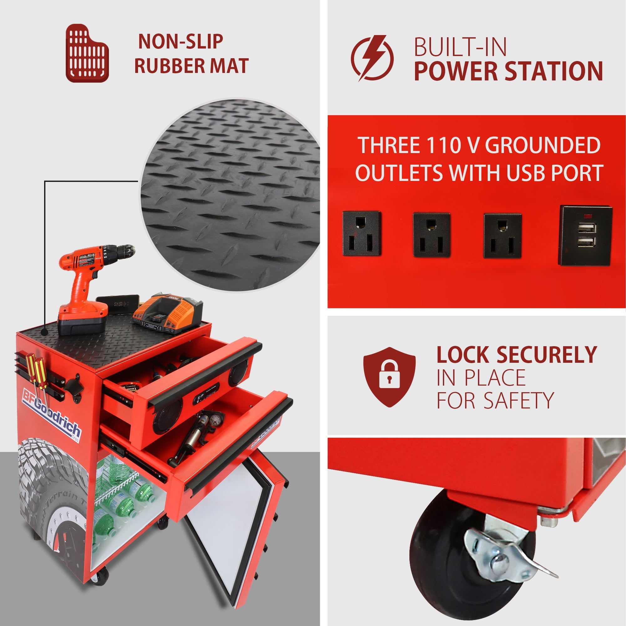 BFGoodrich tool chest fridge with wireless speakers with fridge open and filled with bottles of water, tool drawers open and filled with tools, and power tools on top. Three inset close-ups, labeled, show the non-slip rubber mat, built-in power station, and swivel castors that lock securely in place for safety