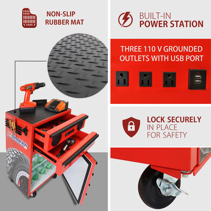 Product shot of BFGoodrich tool chest fridge with wireless speakers with fridge open and filled with bottles of water, tool drawers open and filled with tools, and power tools on top. Three inset close-ups, labeled, show the non-slip rubber mat, built-in power station, and swivel castors that lock securely in place for safety