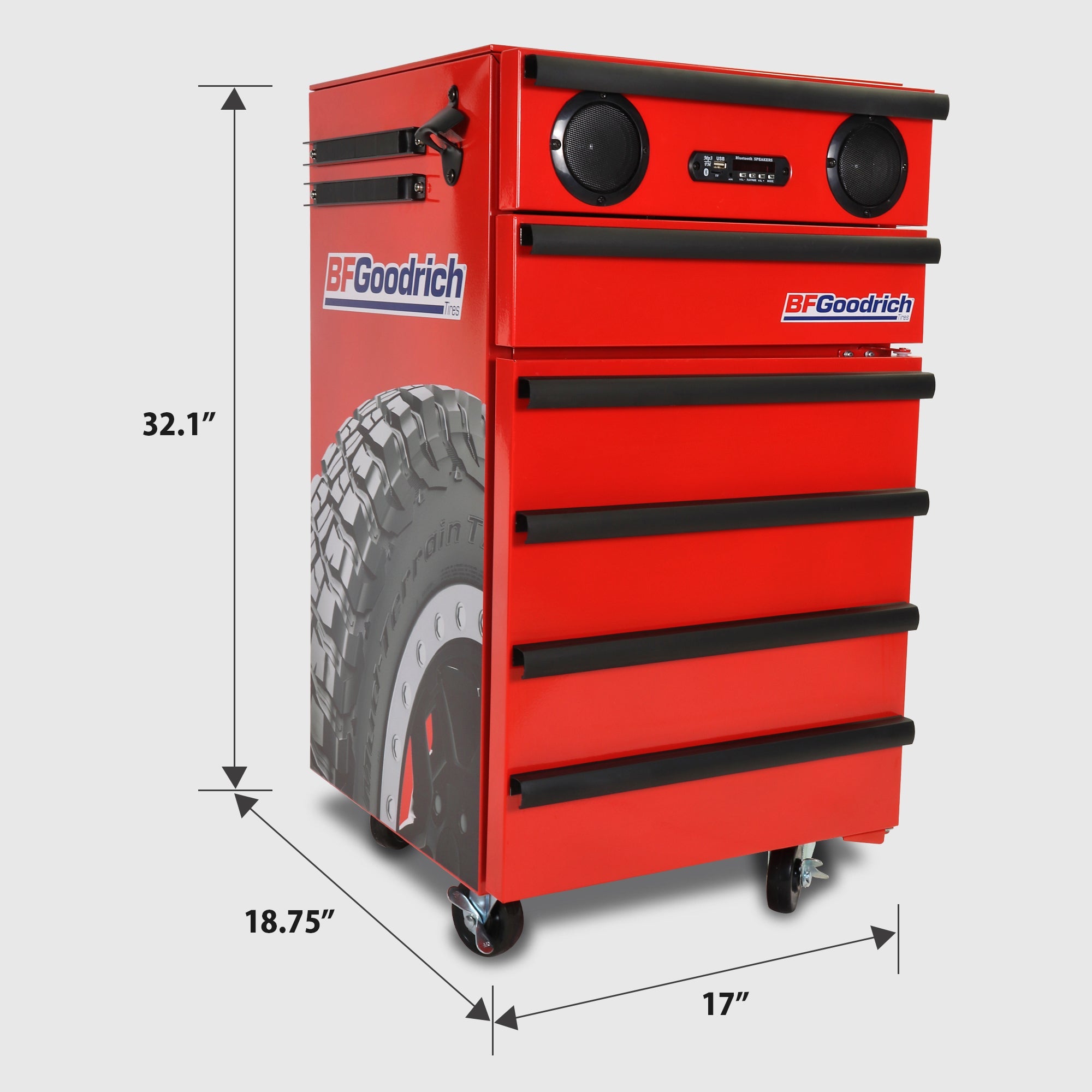 BFGoodrich toolchest fridge with wireless speakers on a light gray background with dimensions labeled