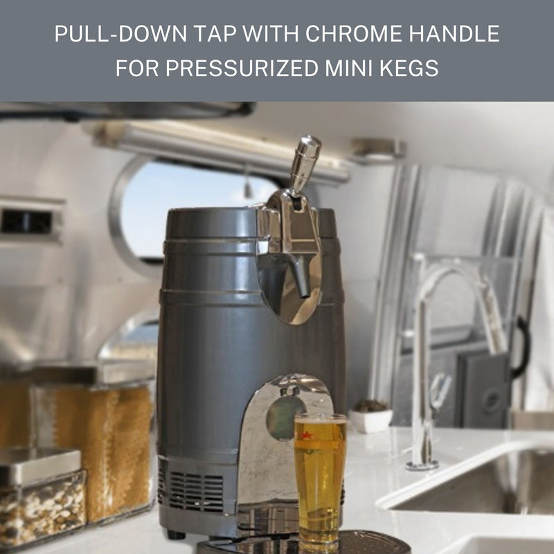 Lifestyle image of 5L beer keg cooler with a full glass positioned below the spout on a white counter inside a large boat with a stainless steel sink to the right and an oval porthole window behind. Text above reads, "Pull-down tap with chrome handle for pressurized mini kegs."
