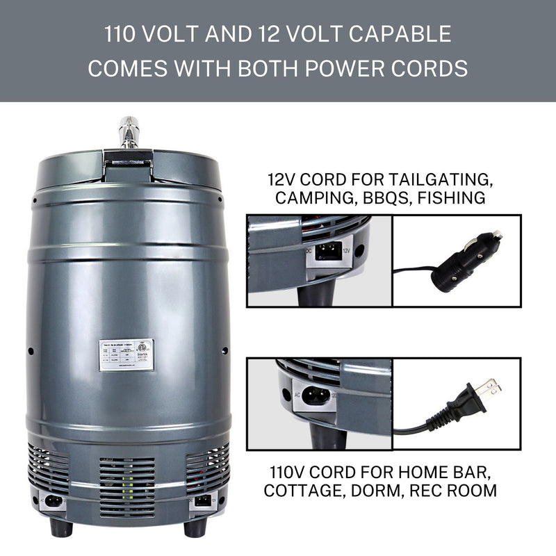 Product shot of back of the 5 liter mini-keg cooler and dispenser on a white background on the left with closeup images of AC and DC plugs on the right. Text at the top reads, "110 volt and 12 volt capable; comes with both cords." Text above the closeup images reads, "12V cord for tailgating, camping, BBQs, fishing," and text below reads, "110V cord for home bar, cottage, dorm, rec room."