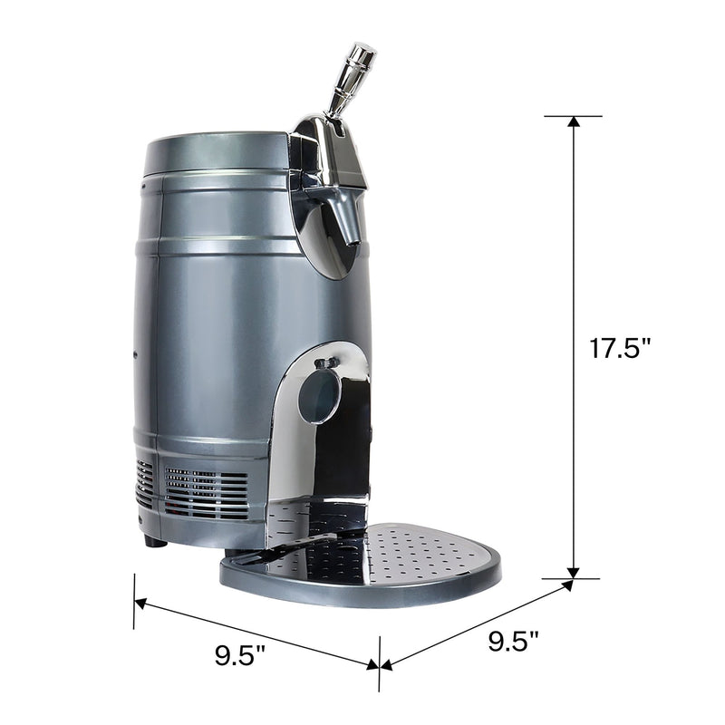 Product shot of 5 liter mini-keg cooler and dispenser on a white background with dimensions labeled