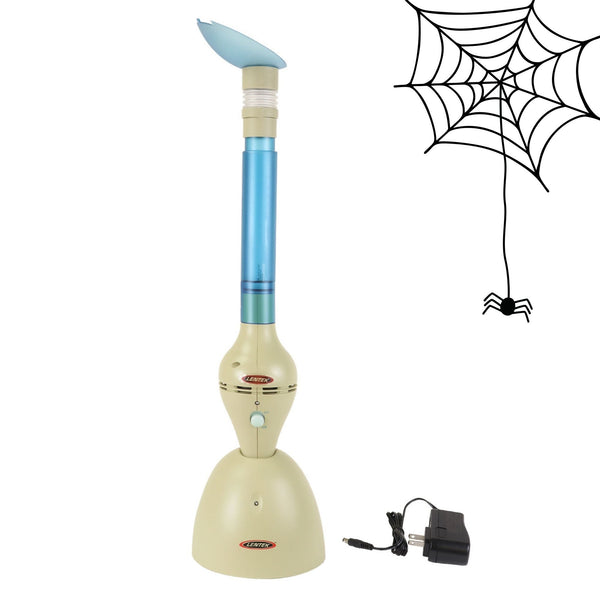 Product shot of Lentek Cordless Bug Vacuum with AC charging cord on a white background with a drawing of a spider web and small spider in the top right corner
