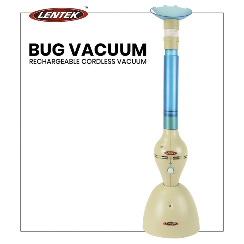 Product shot on a white background with text above reading, "Lentek Bug vacuum rechargeable cordless vacuum"
