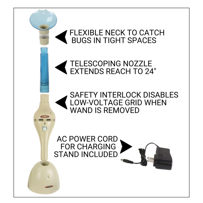 Product shot of cordless rechargeable bug vacuum and power cord on a white background with parts and features labeled: Flexible neck to catch bugs in tight spaces; telescoping nozzle extends reach to 24"; safety interlock disables low-voltage grid when want is removed; AC power cord for charging stand included