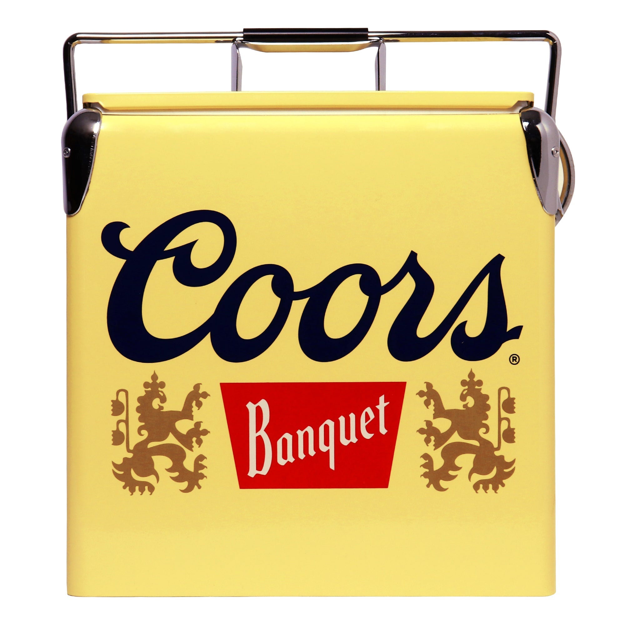 Product shot of front view of Coors Banquet retro ice chest cooler, closed, on a white background