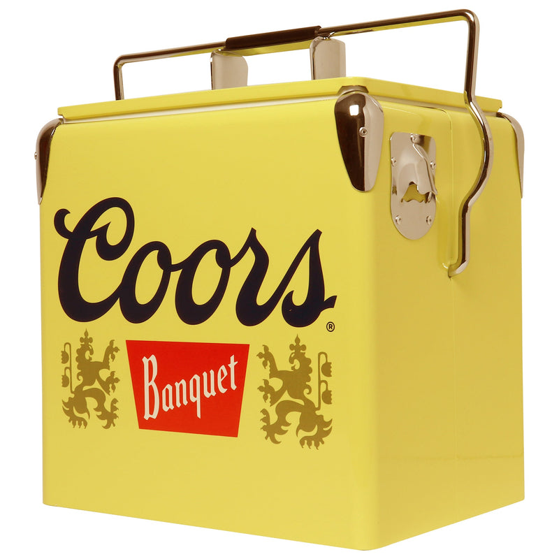 Product shot of Coors Banquet retro ice chest with bottle opener visible on the side, closed, on a white background