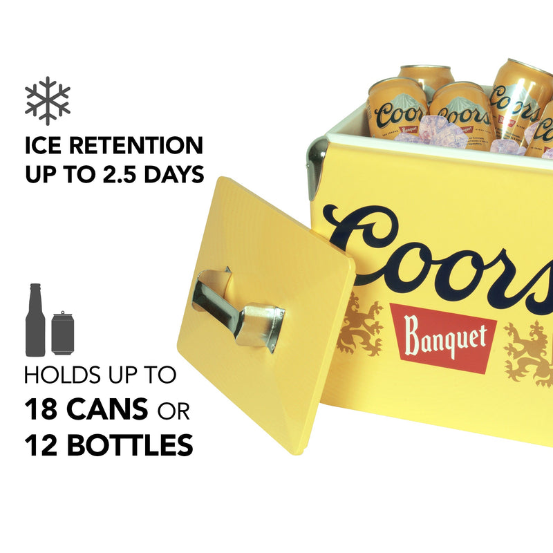 Product shot of Coors Banquet 13L retro ice chest, open with ice and cans of Coors Banquet beer inside and the lid leaning against it, on a white background. Text and icons to the left describe: Ice retention up to 2.5 days; holds up to 18 cans or 12 bottles