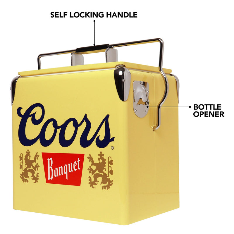 Product shot of Coors Banquet 14 qt retro cooler with bottle opener, closed, on a white background, with parts labeled: Self-locking handle; bottle opener