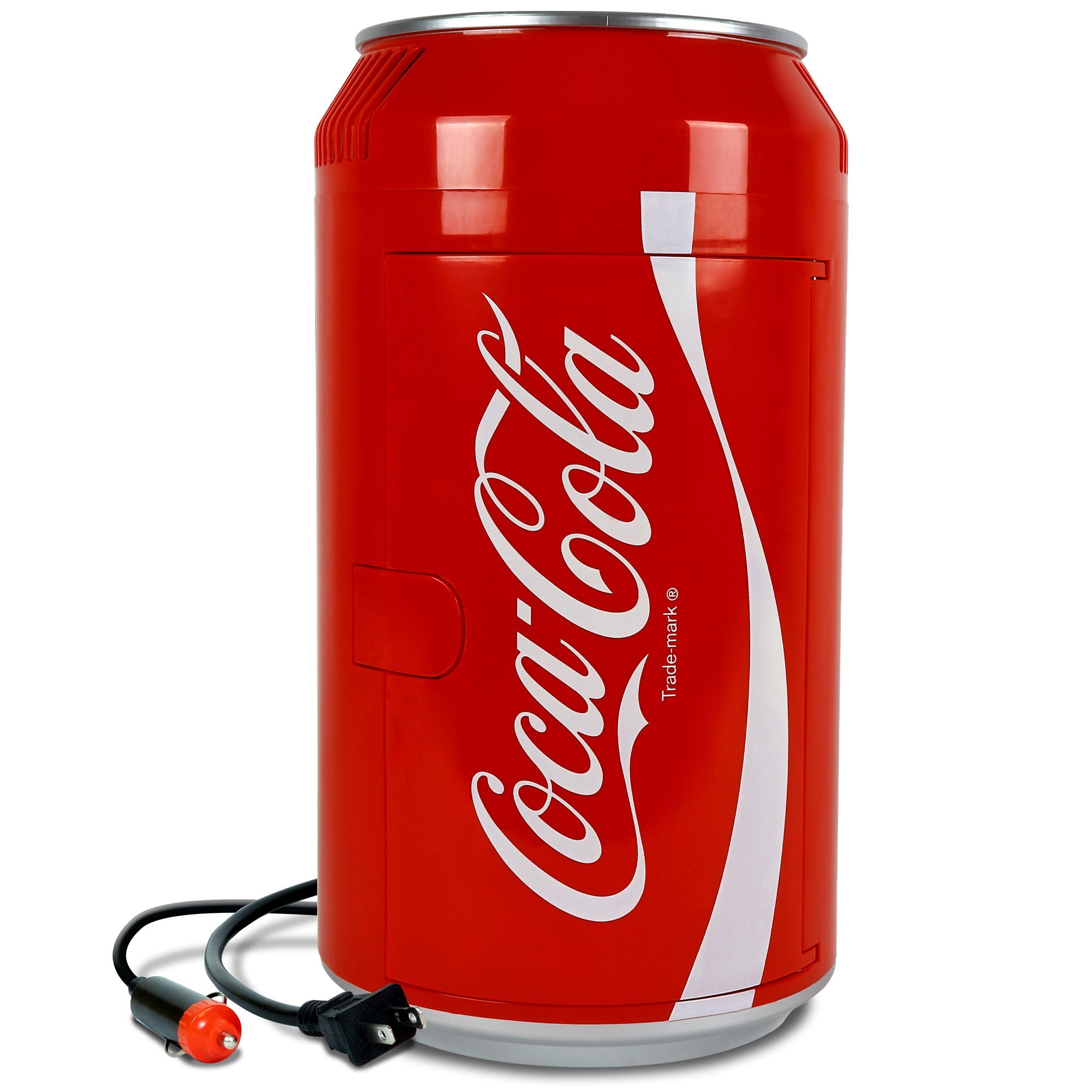 Product shot of Coca-Cola can-shaped 12 can mini fridge, closed, on a white background with AC and DC power cords visible