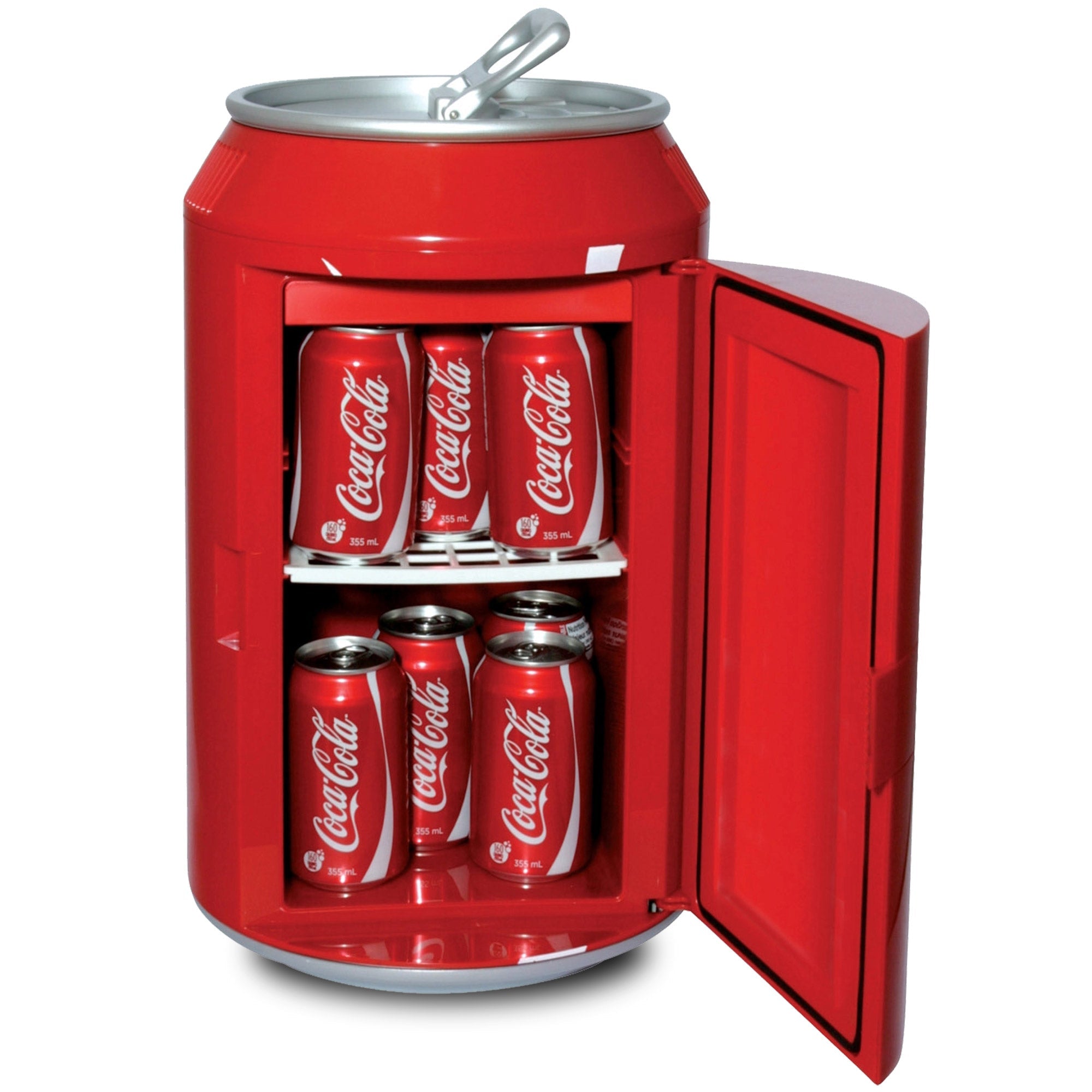 Product shot of Coca-Cola can-shaped mini fridge, open with cans of Coke inside, on a white background