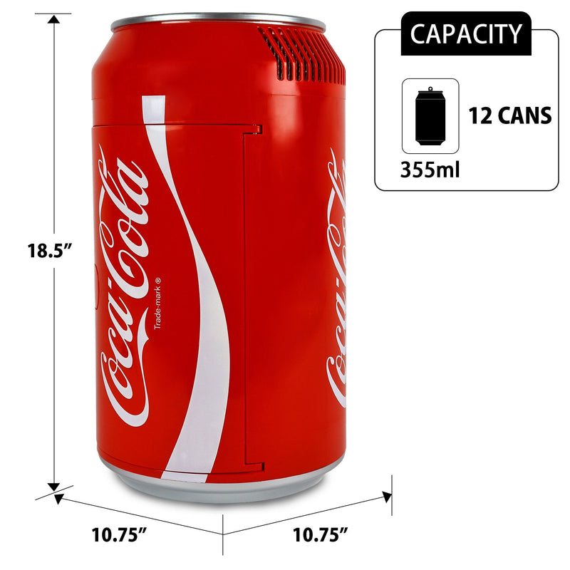 Product shot of Coca-Cola can-shaped 12 can mini fridge, closed, on a white background with dimensions labeled. Inset text with can icon reads, "Capacity: 12 cans (355 mL)"