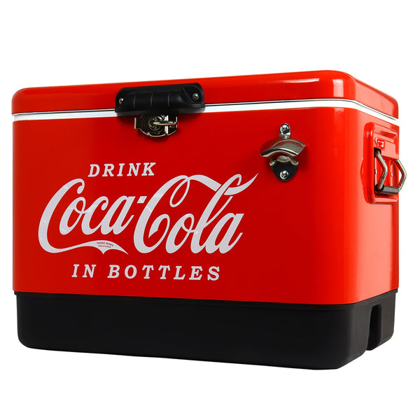 Product shot of Coca-Cola 51 liter ice chest with bottle opener, closed, on a white background