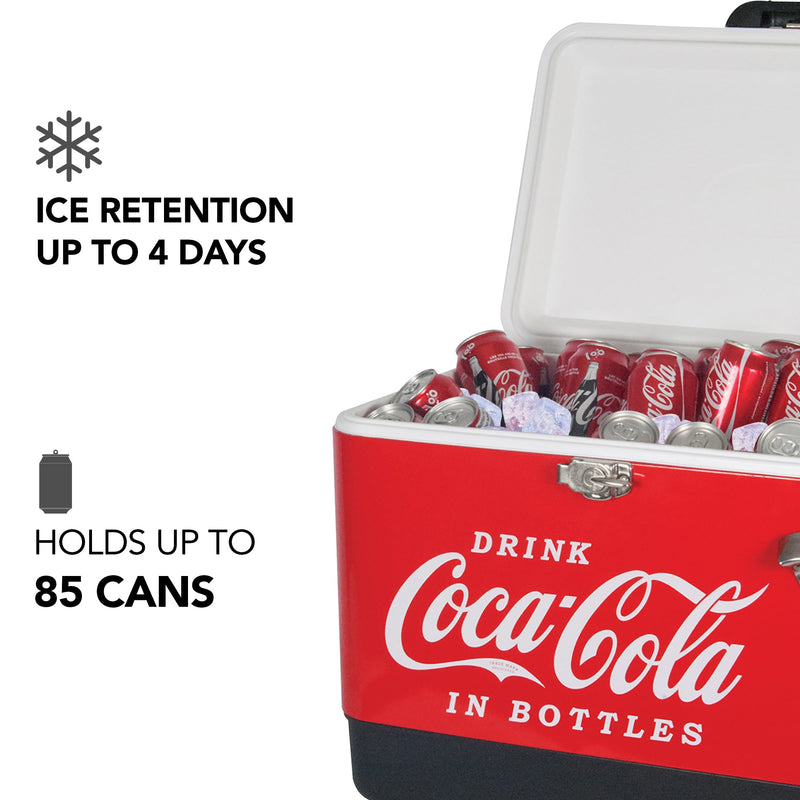 Product shot of Coca-Cola 51 L ice chest, open with ice and cans of Coke inside, on a white background. Text and icons to the left describe: Ice retention up to 4 days; holds up to 85 cans