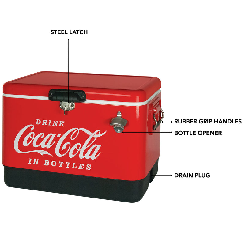 Product shot of Coca-Cola 54 quart ice chest with bottle opener, closed, on a white background, with parts labeled: Steel latch; rubber grip handles; bottle opener; drain plug