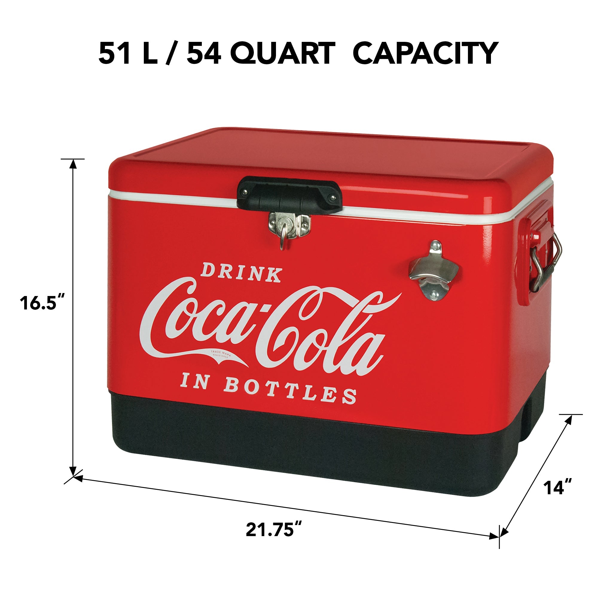 Product shot of Coca-Cola 51 liter ice chest with bottle opener, closed, on a white background, with dimensions labeled. Text above reads, "51L/54 quart capacity"