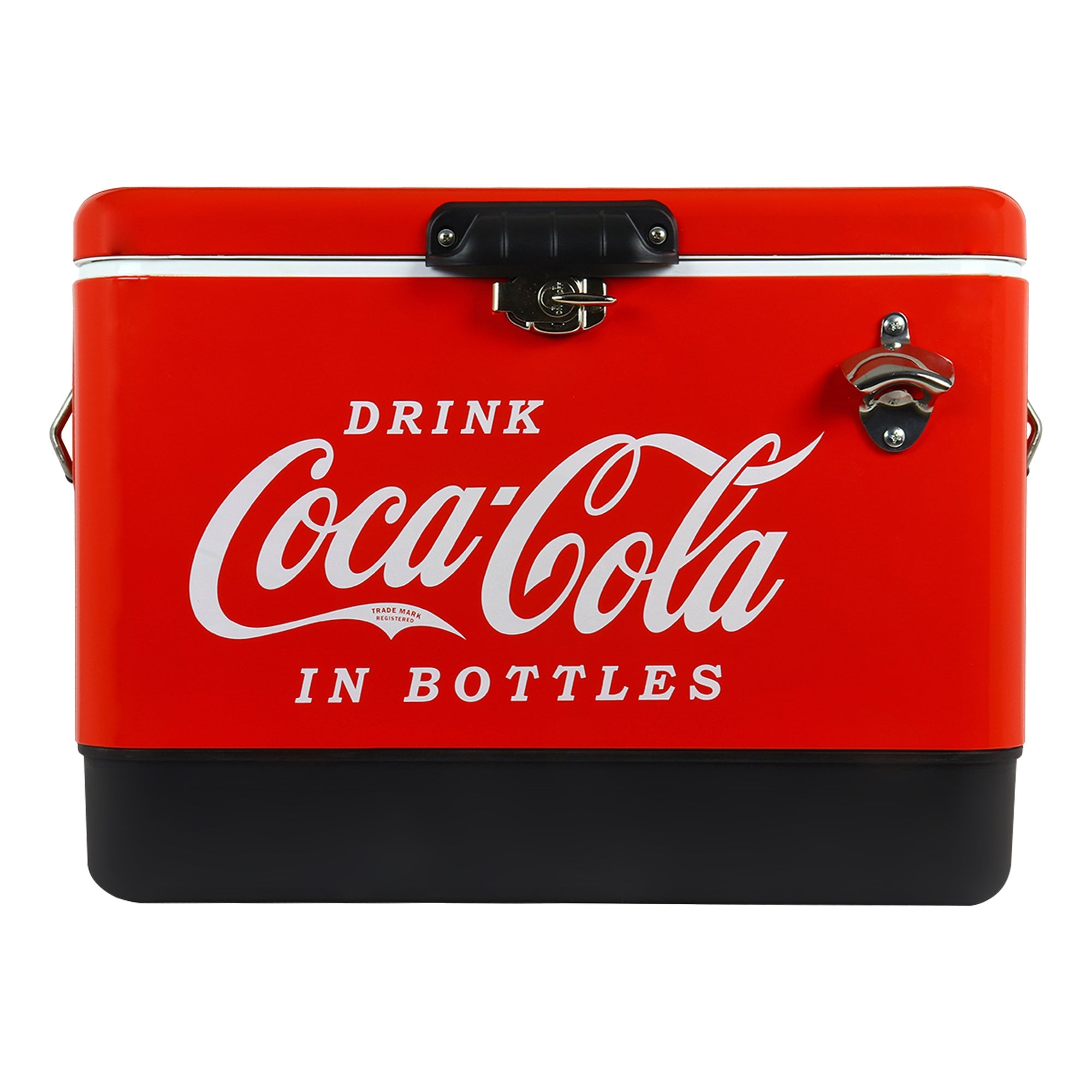 Product shot of Coca-Cola 51 liter ice chest with bottle opener, closed, on a white background