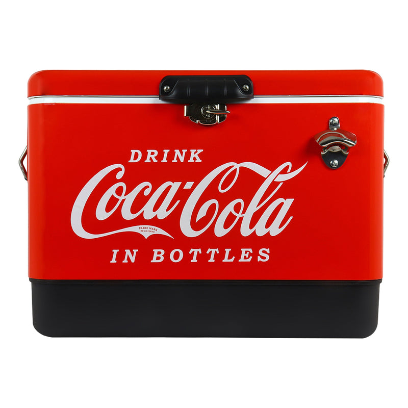 Product shot of Coca-Cola 51 liter ice chest with bottle opener, closed, on a white background