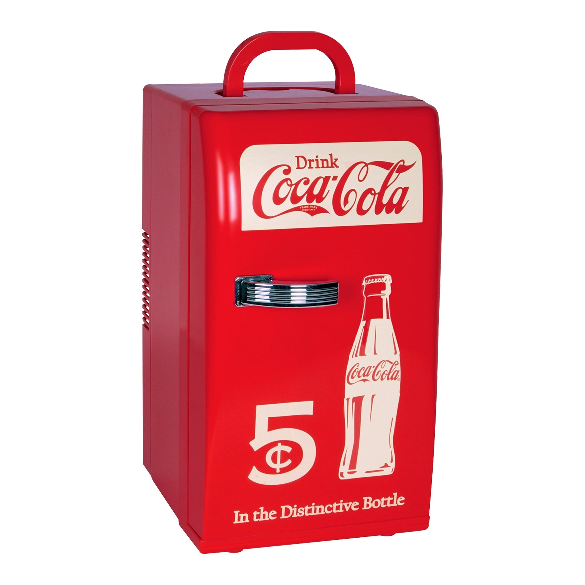 Product shot of Coca-Cola retro 18 can mini fridge, closed, on a white background