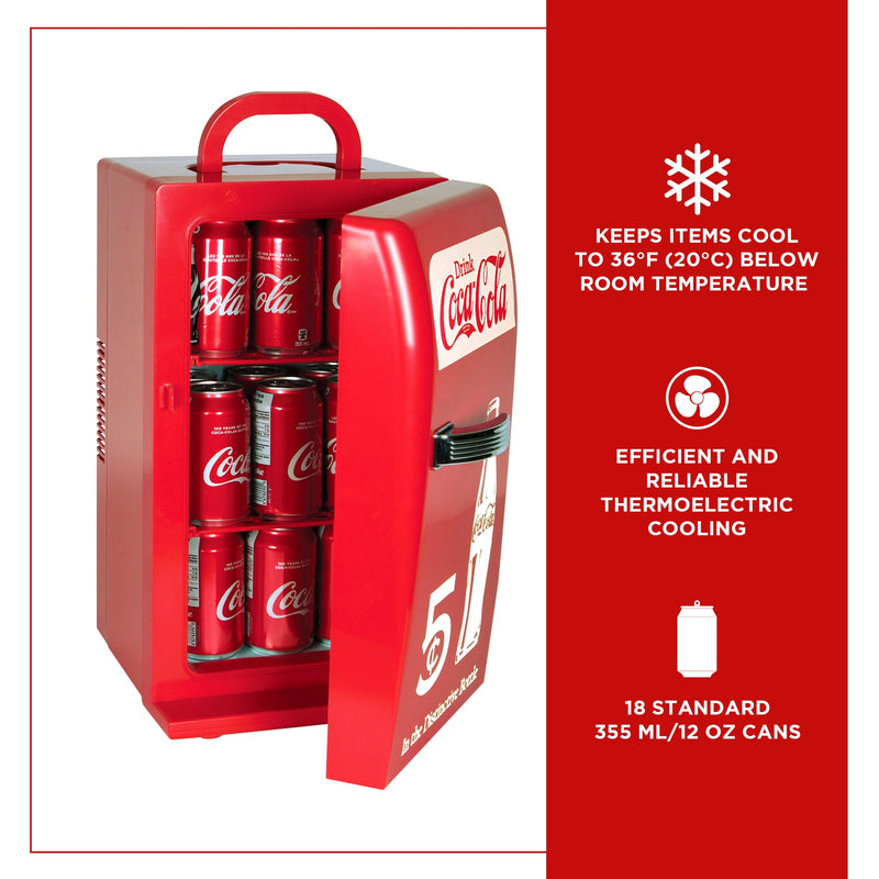Product shot of Coca-Cola retro 18 can mini fridge, partly open with cans of Coke inside, on a white background. To the right are icons and text describing: Keeps items cool to 36F (20C) below room temperature; efficient and reliable thermoelectric cooling; 18 standard 366 mL/12 oz cans