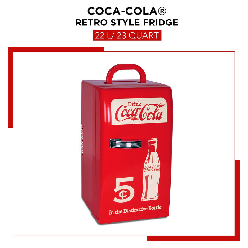 Product shot of Coca-Cola retro 18 can mini fridge, closed, on a white background with a red border. Text above reads, "Coca-Cola retro style fridge 22L/23 quart"