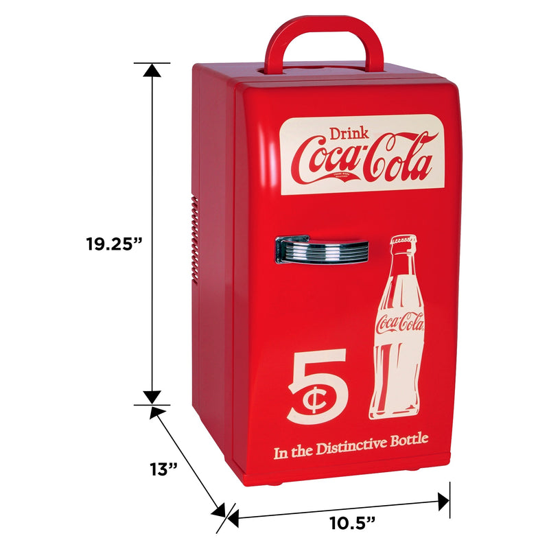Product shot of Coca-Cola retro 18 can mini fridge, closed, on a white background with dimensions labeled