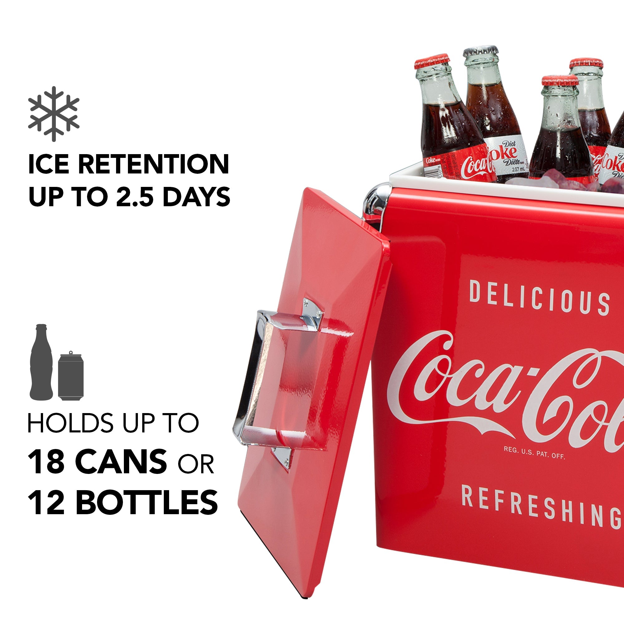 Product shot of Coca-Cola 13L retro ice chest, open with ice and glass bottles of Coke and Diet Coke inside and the lid leaning against it, on a white background. Text and icons to the left describe: Ice retention up to 2.5 days; holds up to 18 cans or 12 bottles