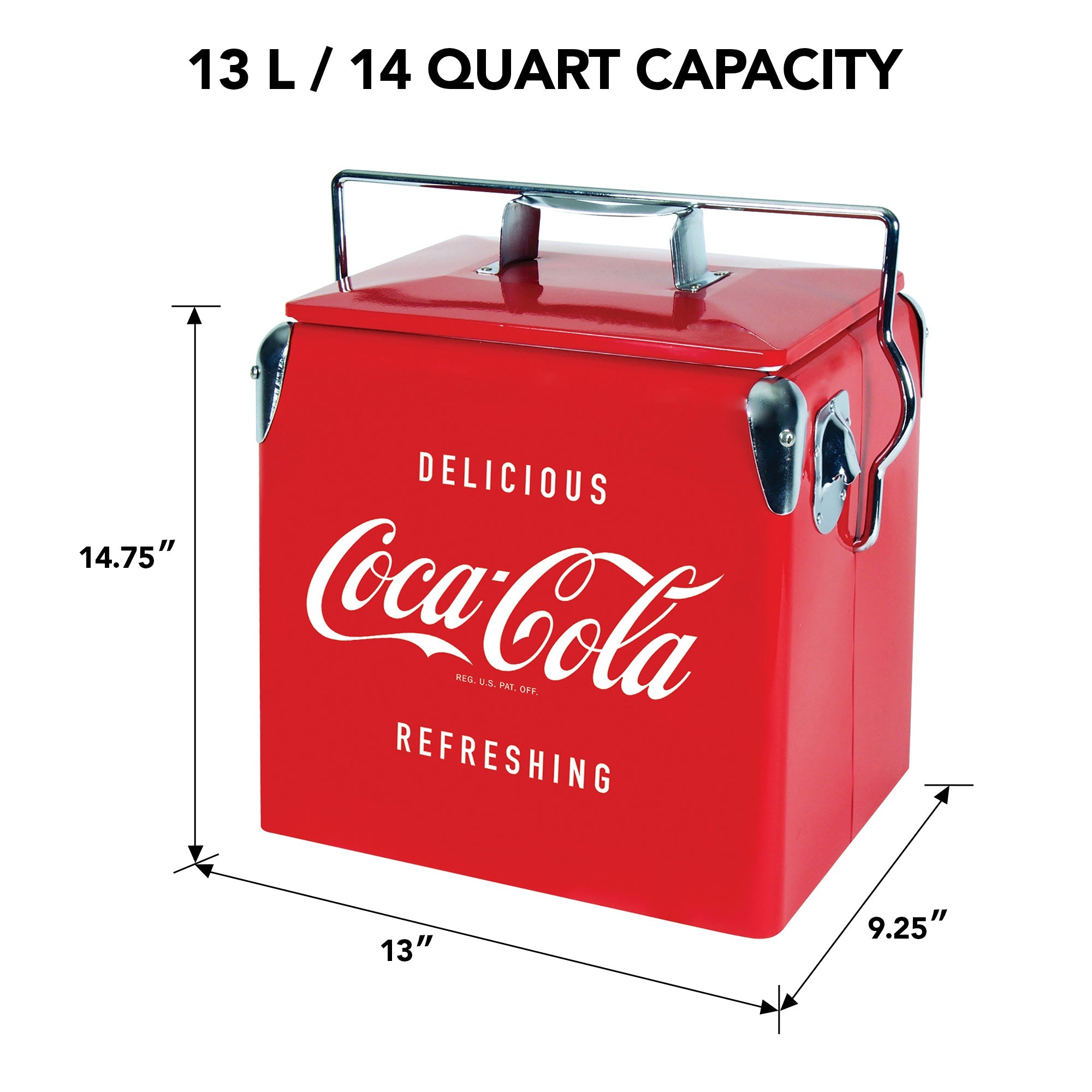 Product shot of Coca-Cola retro 14 liter ice chest with bottle opener, closed, on a white background, with dimensions labeled. Text above reads, "13L/14 quart capacity"