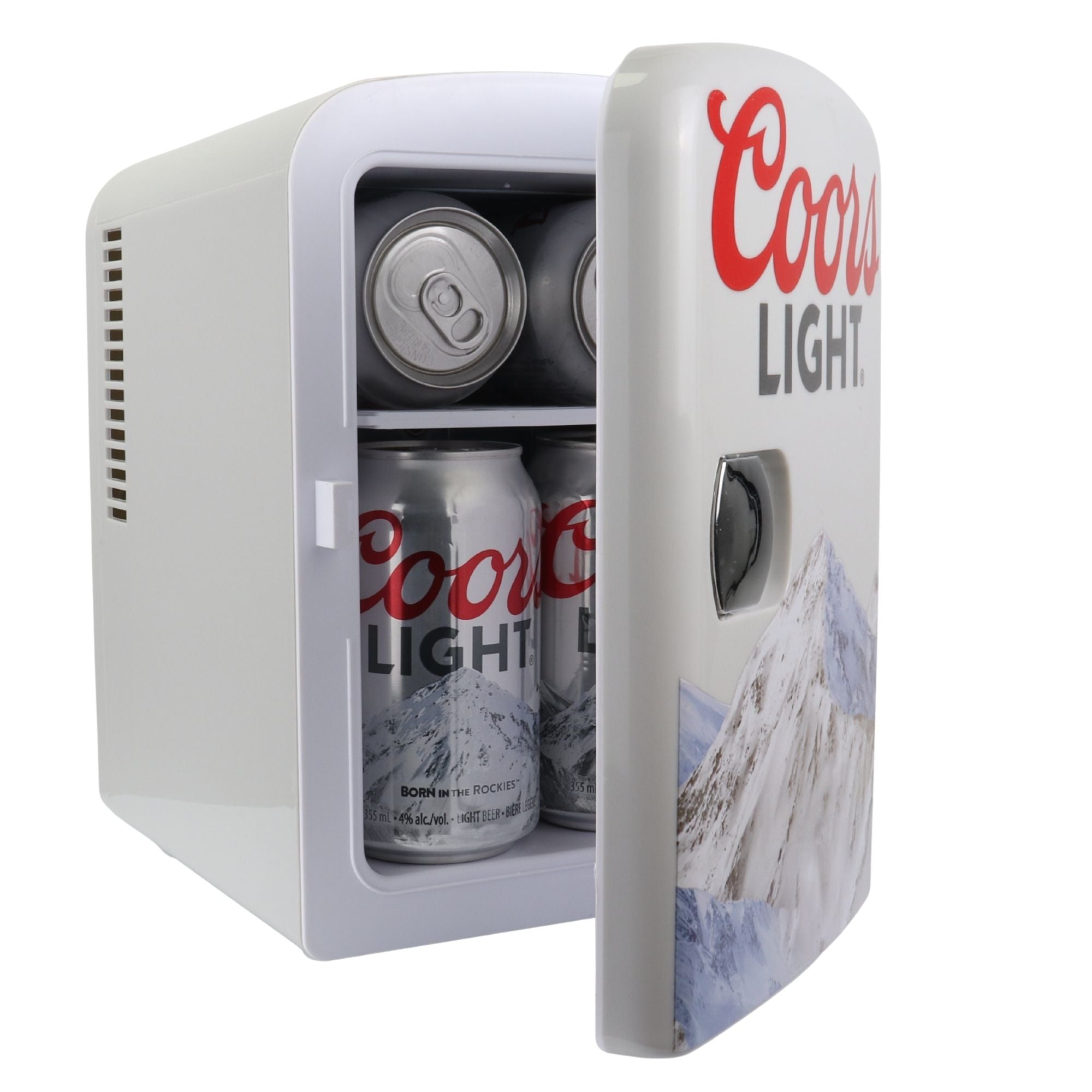 Product shot of Coors Light 6 can mini fridge open with 6 cans of Coors Light inside on a white background