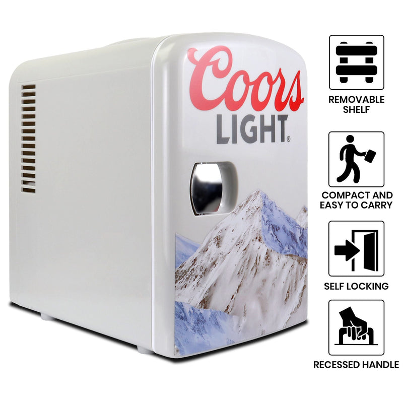 Product shot of Coors Light mini fridge on a white background. Text and icons to the right describe: Removable shelf; compact and easy to carry; self-locking; recessed handle